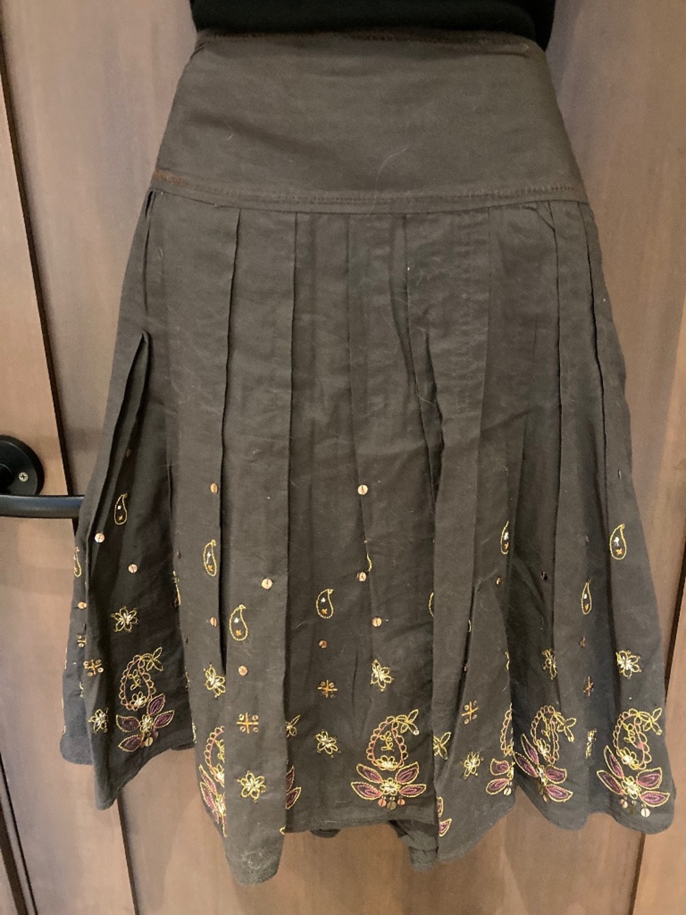 Embroidered Cotton Skirt, Brown Cotton, Size L
